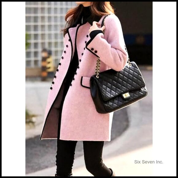 Women's Wool Blend Pea Coat Double Breasted Notch Lapel Long Sleeve - Picture 3 of 6